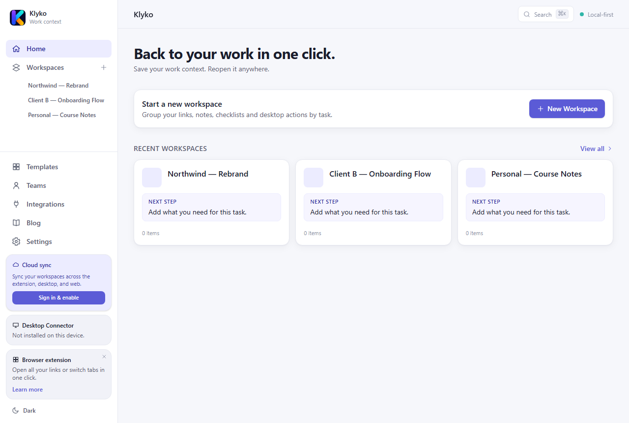 A Klyko dashboard with separate workspaces for two clients and a personal project side by side