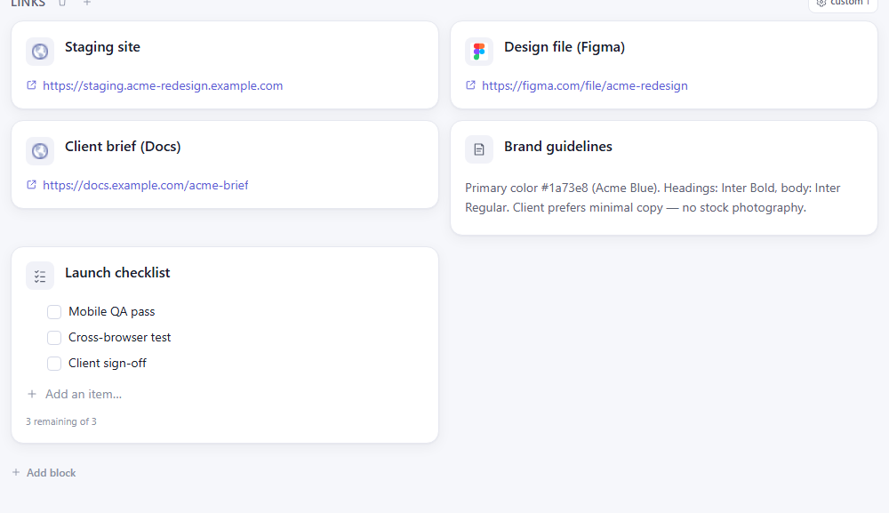 Links, a note, and a checklist bundled together in one Klyko workspace