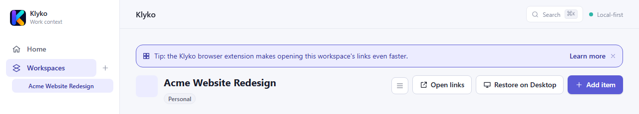 A Klyko workspace with Open links, Restore on Desktop and Add item buttons