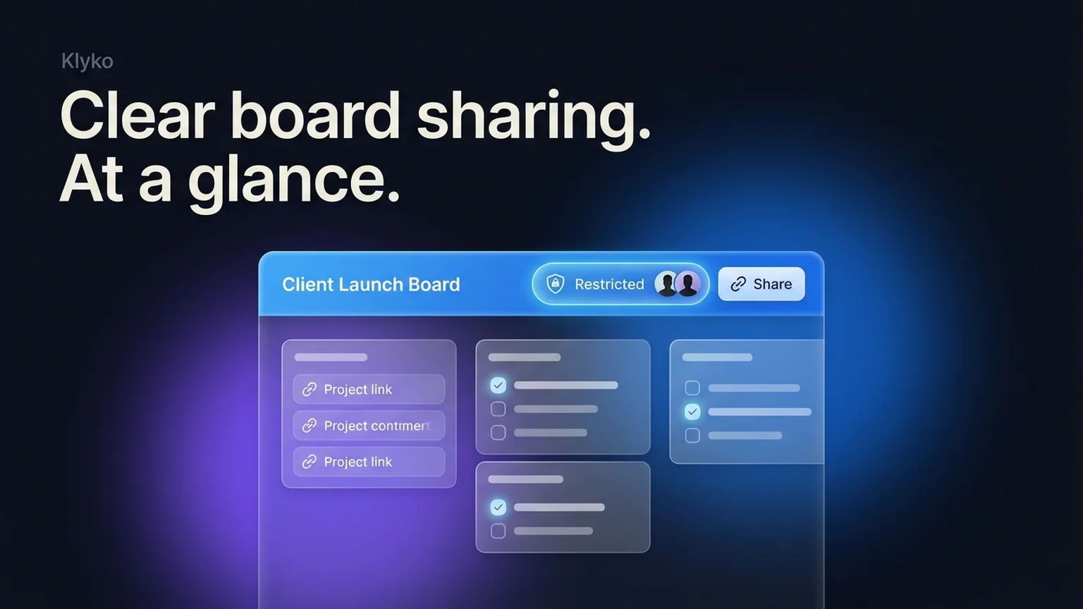 Klyko changelog illustration showing clear board sharing indicators, privacy status badges, and team collaboration headers.