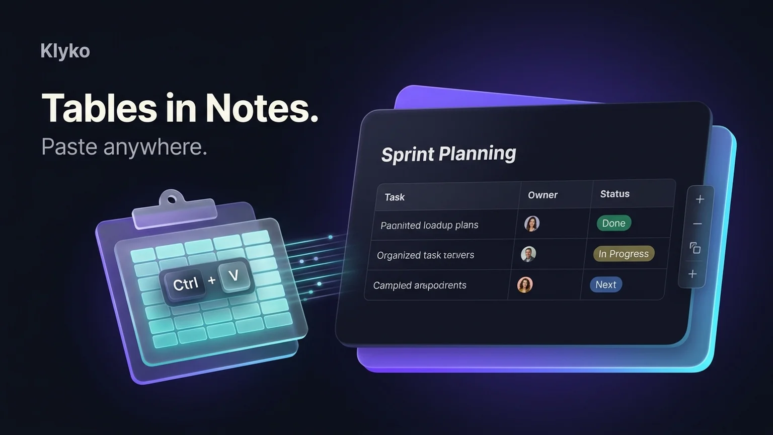 Klyko changelog illustration showing tables in notes, smart clipboard paste from spreadsheets, and clean structured project data.