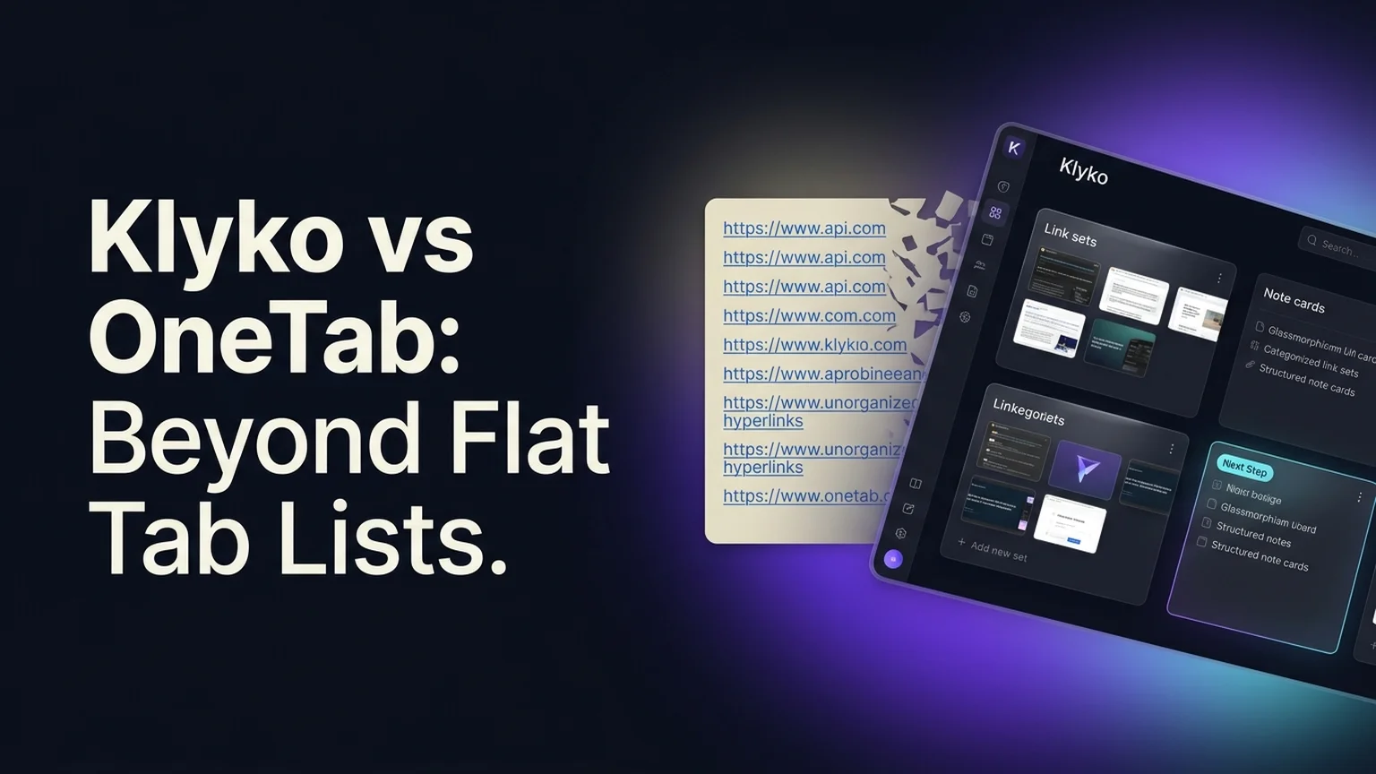 Comparison illustration of Klyko vs OneTab contrasting fragile flat URL lists with a structured local-first workspace board