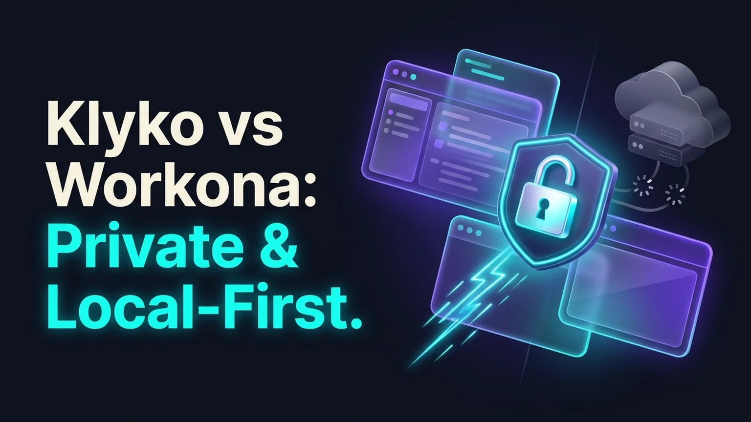 Comparison illustration of Klyko vs Workona highlighting private local-first workspaces vs cloud subscription paywalls