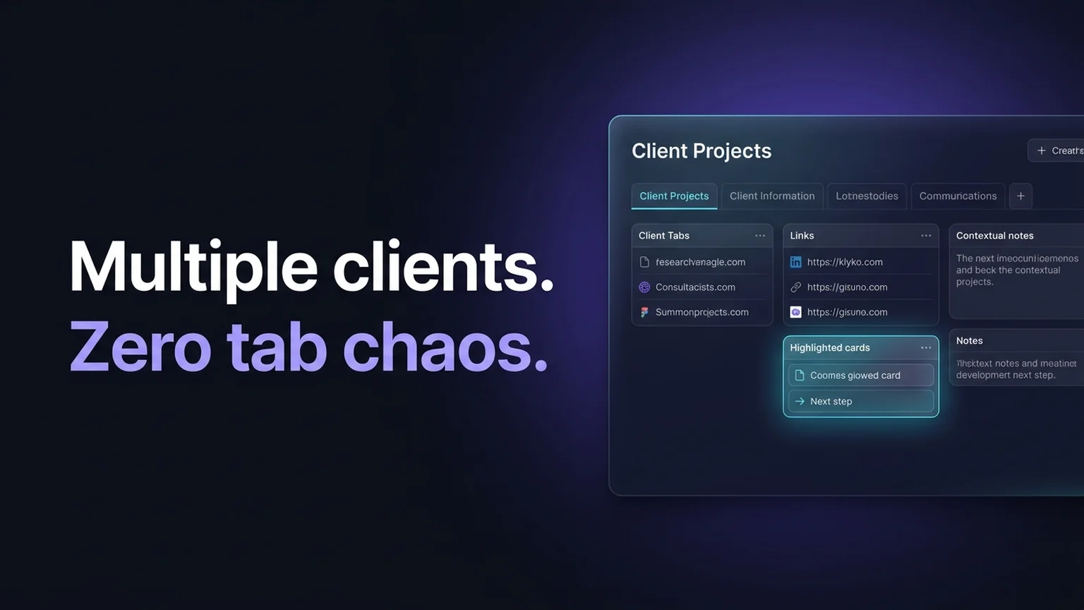 Illustration of separated client workspaces with dedicated link sets, notes, and next actions for multiple client projects